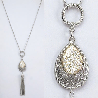 Modern Two Tone Long Necklace Teardrop Pave