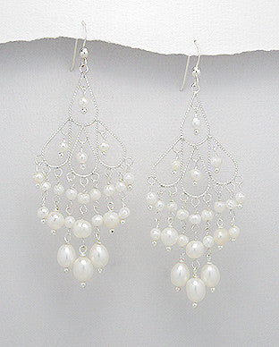 Sterling Silver Fresh Water Pearl Long Chandelier Earrings, White