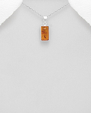 Pure Silver Rectangular Baltic Amber Pendant with 925 Italian Necklace