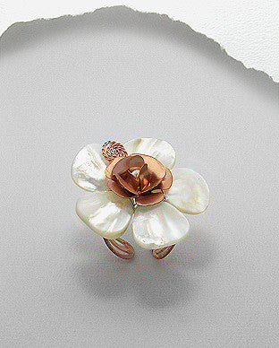 Adjustable Mother Of Pearl Flower Copper Ring