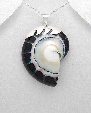 Sterling Silver Wave Black Nautilus Sea Shell Pendant, Chain