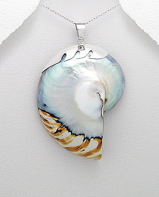 Sterling Silver Wave Mixed Colors Nautilus Sea Shell Pendant, Chain