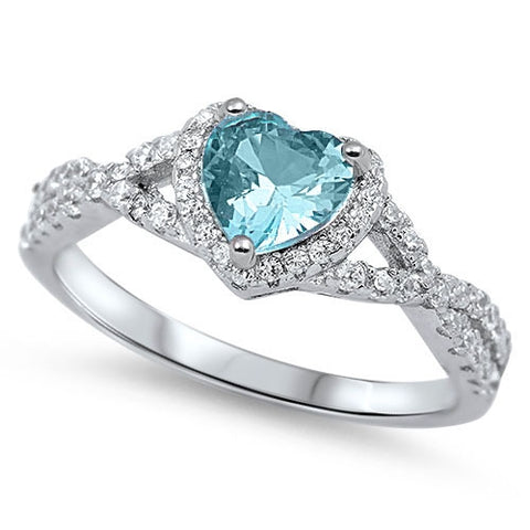 Aquamarine Cz Color Heart 925 Sterling Silver Ring