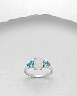 Designer Swiss Blue Topaz Opal Gemstone Ring in Sterling Silver