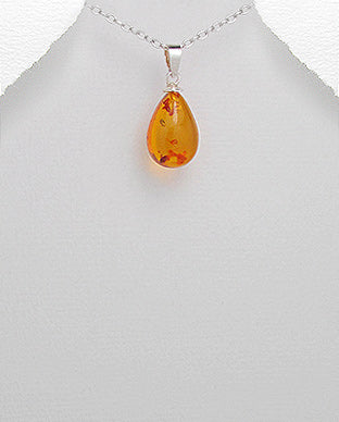 Sterling Silver Pendant Necklace Decorated In Baltic Amber Waterdrop