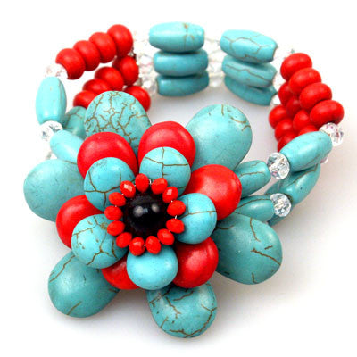 Western Turquoise and Red Flower Stretch Bracelet