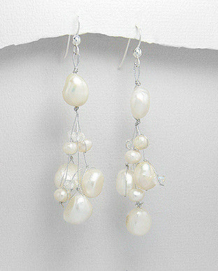 Sterling Silver Fresh Water Pearl Dangle Earrings, Natural White