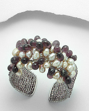 Fresh Water Pearl Cuff Bracelet with Natural Off-White and Plum Glass Beads
