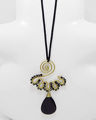Unique Black Onyx Pendant Brass Necklace