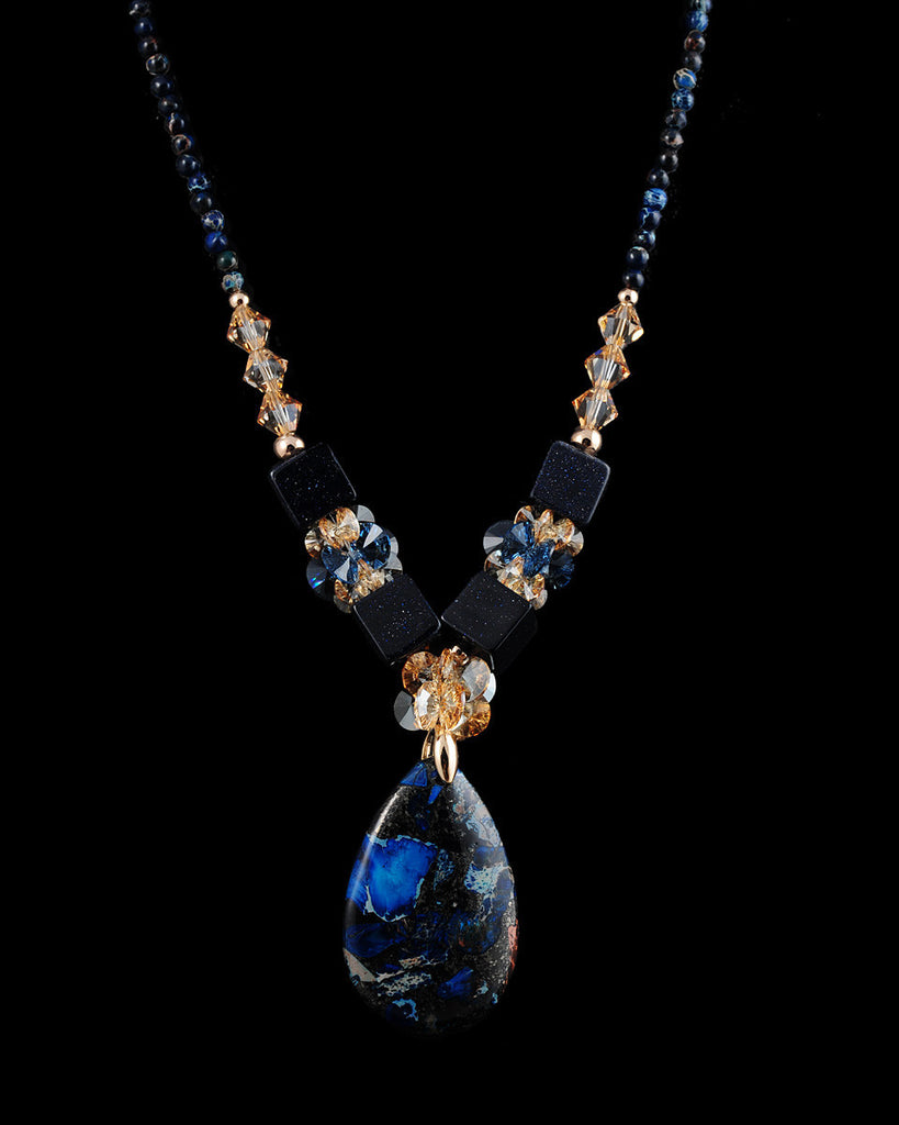 Trunk Show Handmade Swarovski Beaded Long Necklace, Deep Blue Pendant