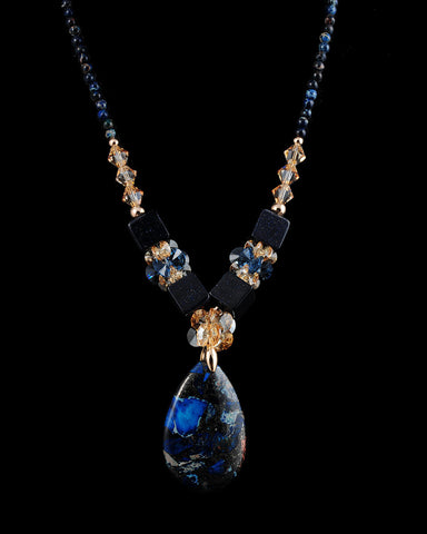 Trunk Show Handmade Swarovski Beaded Long Necklace, Deep Blue Pendant
