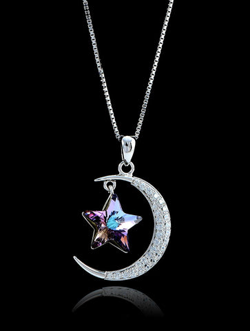 Moon and Star Swarovski Sterling Silver Necklace