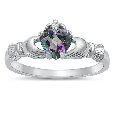 925 Sterling Silver Mystic Topaz Heart Claddagh Ring
