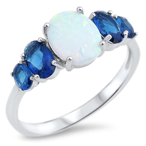 Sterling Silver 925 White Lab Opal with Sapphire Cz Ring