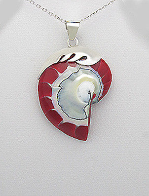 Sterling Silver Wave Red Nautilus Sea Shell Pendant, Chain