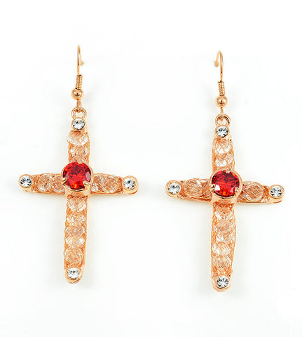 Swarovski Crystal, 18K Gold, Cross Earrings, Ruby