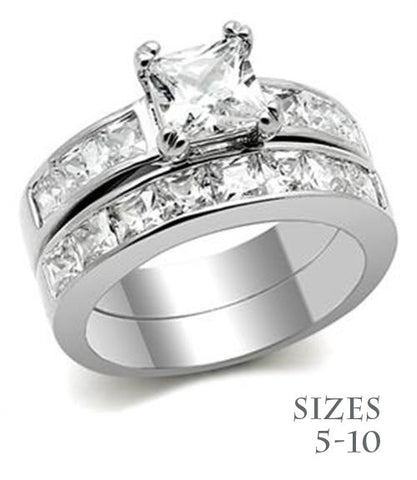 Stylish CZ Stainless Steel Wedding Ring Set