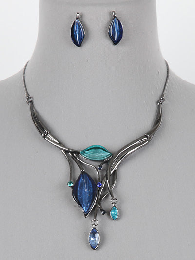 Hematite Blue Turquoise Leaf Necklace Set