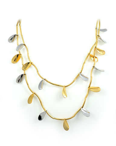 18K Gold Combination 18K White Gold Necklace, Dangling Leaves