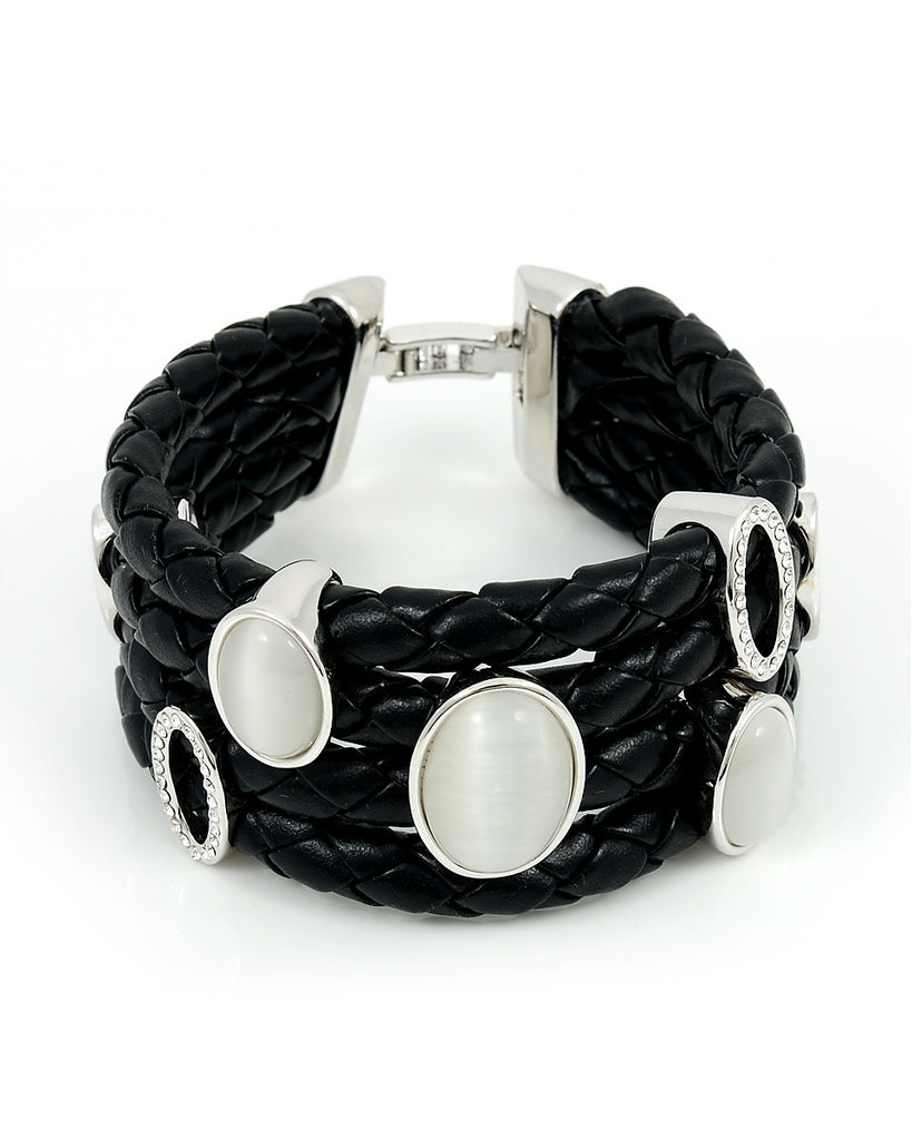 Black Leather Bracelet, Large Silver Charms