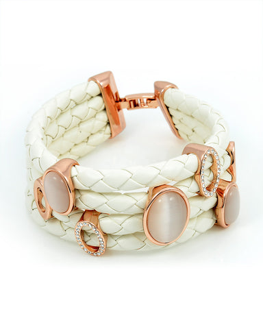 White Leather Larger Charm Bracelet, Rose Gold