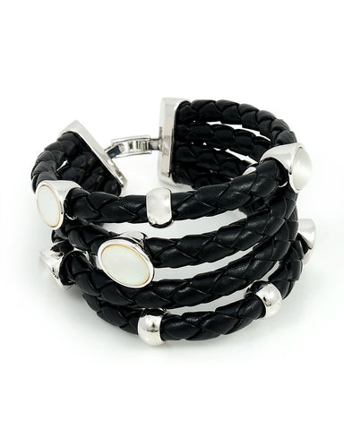 Black Leather Bracelet, Silver Charms